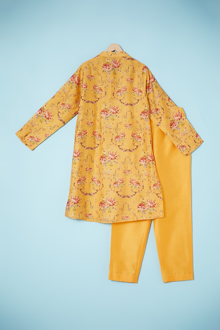 Yellow Chanderi Printed & Embroidered Kurta For Boys by Brat N Pret at Pernia's Pop Up Shop