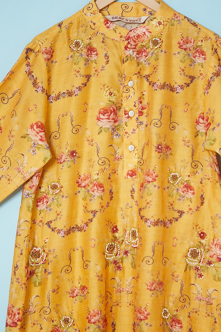 Yellow Chanderi Printed & Embroidered Kurta For Boys by Brat N Pret at Pernia's Pop Up Shop