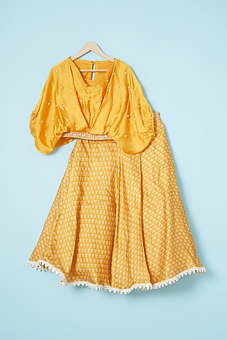Yellow Silk Printed Lehenga Set For Girls by Brat N Pret