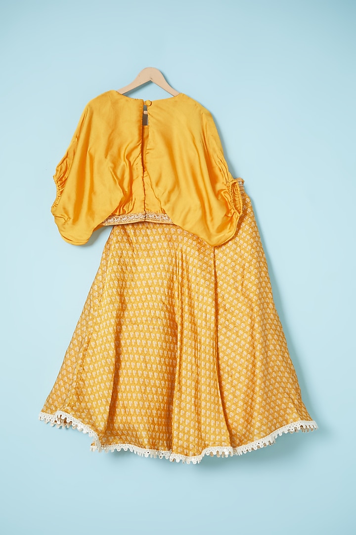 Yellow Silk Printed Lehenga Set For Girls by Brat N Pret at Pernia's Pop Up Shop