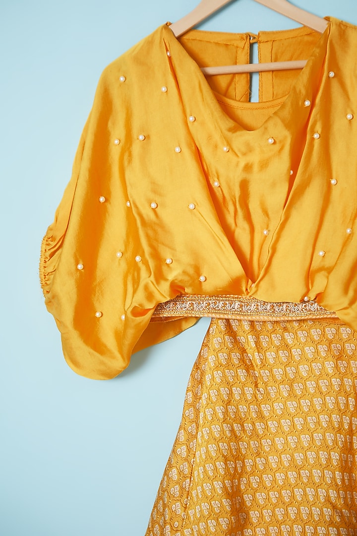 Yellow Silk Printed Lehenga Set For Girls by Brat N Pret at Pernia's Pop Up Shop