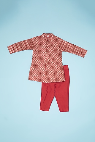 Red Silk Printed Bandhgala Set For Boys by Brat N Pret