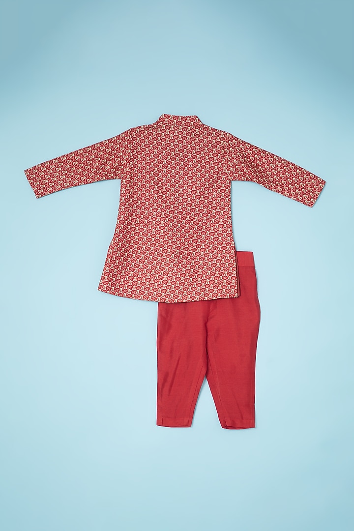 Red Silk Printed Bandhgala Set For Boys by Brat N Pret at Pernia's Pop Up Shop