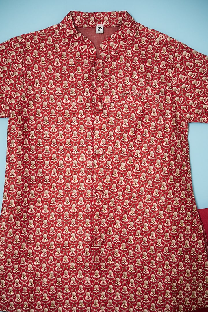 Red Silk Printed Bandhgala Set For Boys by Brat N Pret at Pernia's Pop Up Shop