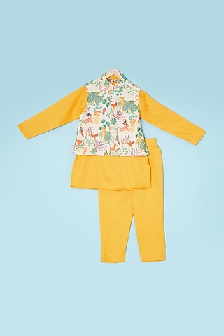 Multi-Colored Cotton Silk Printed Bundi Jacket With Kurta Set For Boys by Brat N Pret