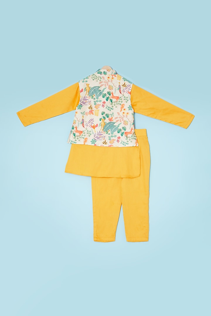 Multi-Colored Cotton Silk Printed Bundi Jacket With Kurta Set For Boys by Brat N Pret at Pernia's Pop Up Shop