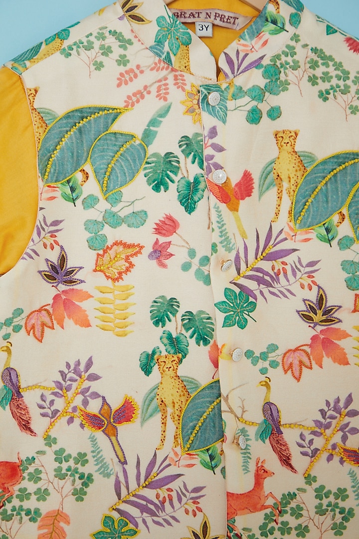 Multi-Colored Cotton Silk Printed Bundi Jacket With Kurta Set For Boys by Brat N Pret at Pernia's Pop Up Shop