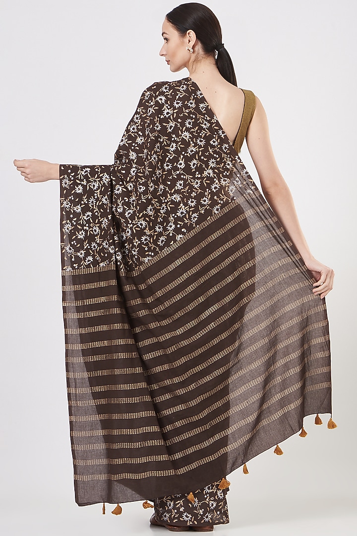 Rustic Brown Printed Festive Saree Set by Brij Bari at Pernia's Pop Up Shop