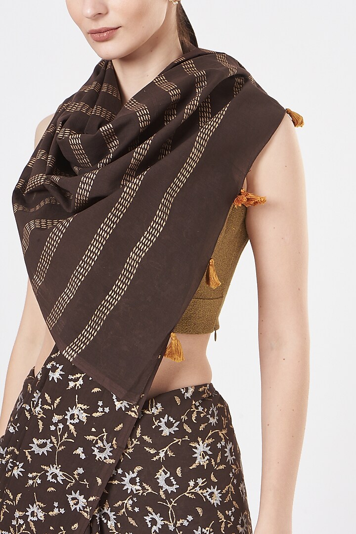 Rustic Brown Printed Festive Saree Set by Brij Bari at Pernia's Pop Up Shop