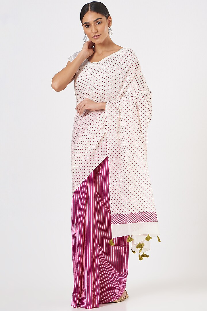 Pink & Off- White Printed Saree Set by Brij Bari