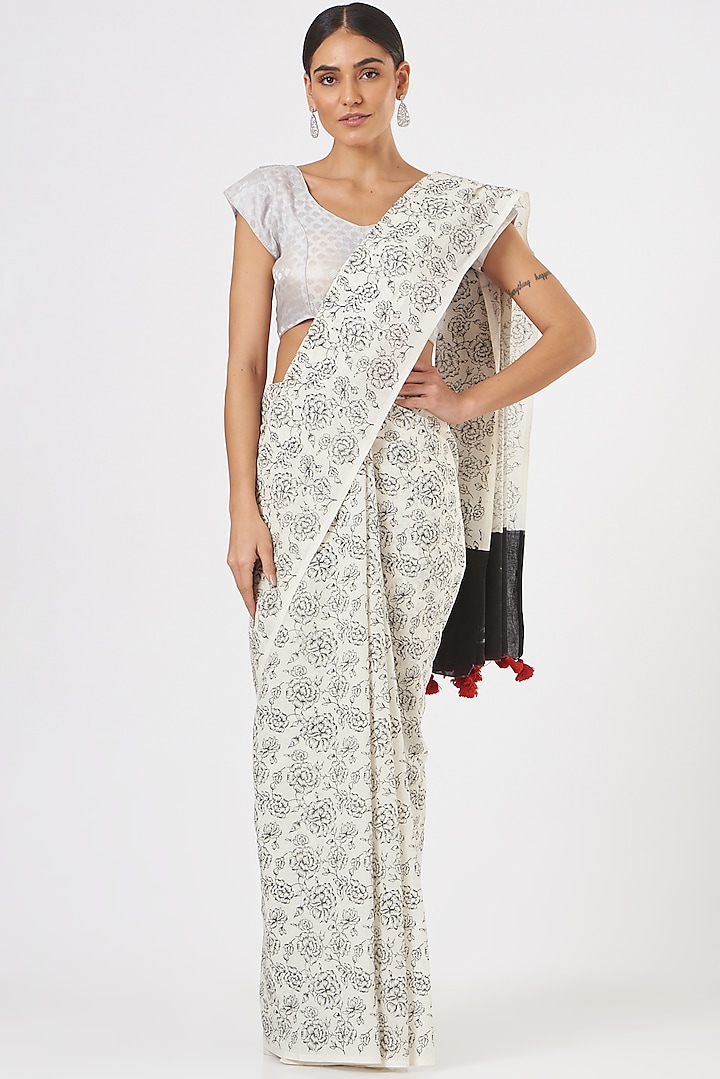 Off-White Printed Saree Set by Brij Bari