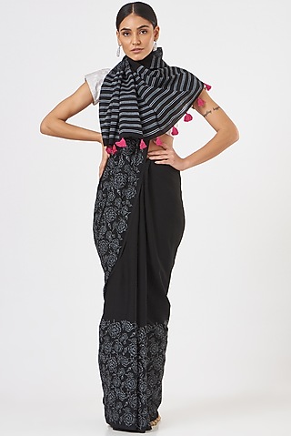 Black Printed Saree Set by Brij Bari