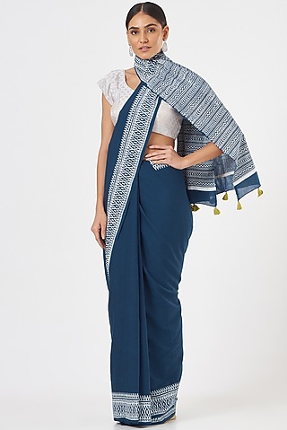Blue Cotton Mulmul Printed Saree Set by Brij Bari