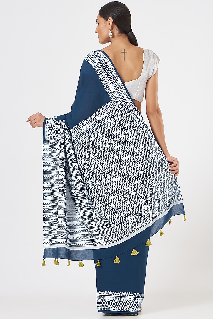 Blue Cotton Mulmul Printed Festive Saree Set by Brij Bari at Pernia's Pop Up Shop
