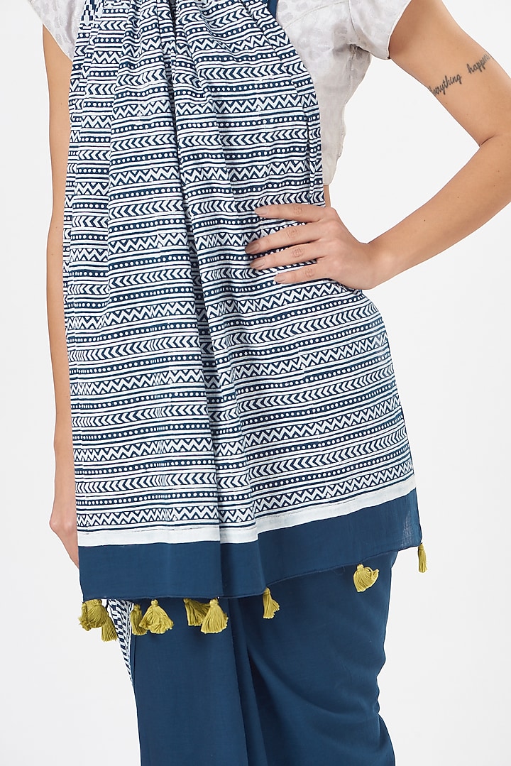 Blue Cotton Mulmul Printed Festive Saree Set by Brij Bari at Pernia's Pop Up Shop