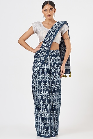 Blue Printed Saree Set by Brij Bari