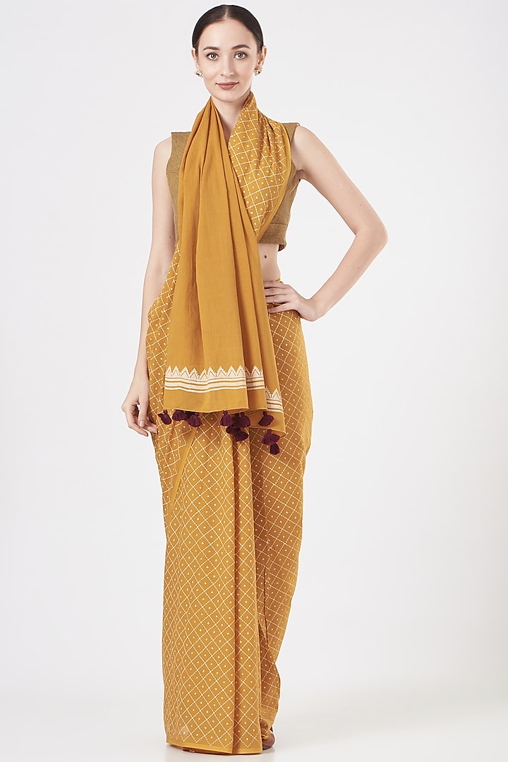Ochre Yellow Printed Saree Set by Brij Bari
