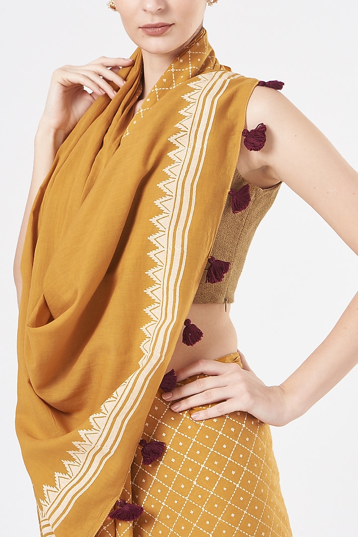 Ochre Yellow Printed Festive Saree Set by Brij Bari at Pernia's Pop Up Shop