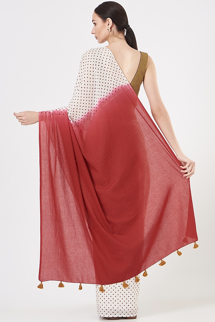 Red & Off-White Printed Festive Saree Set by Brij Bari at Pernia's Pop Up Shop