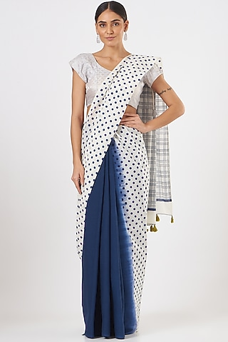 Blue & White Mulmul Cotton Block Printed Saree Set by Brij Bari