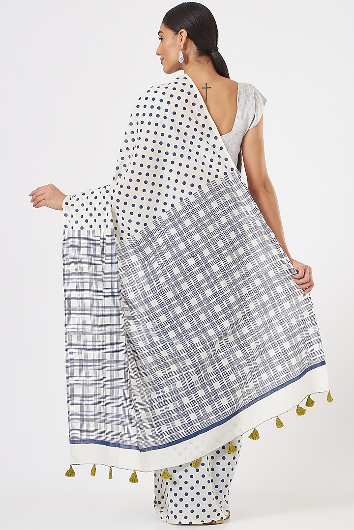 Blue & White Mulmul Cotton Block Printed Festive Saree Set by Brij Bari at Pernia's Pop Up Shop