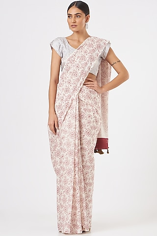 Off-White Block Printed Saree Set by Brij Bari