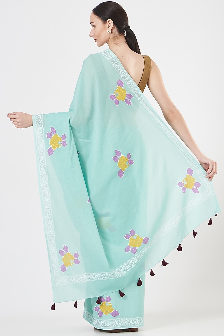 Sky Blue Mulmul Cotton Hand Block Printed Festive Saree Set by Brij Bari at Pernia's Pop Up Shop