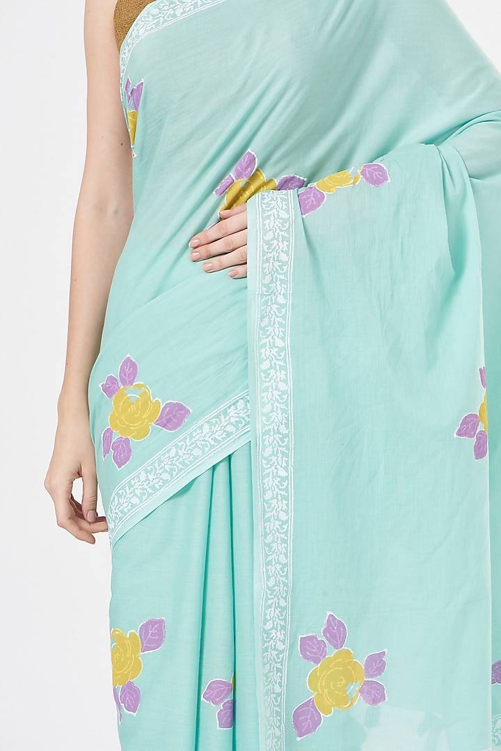 Sky Blue Mulmul Cotton Hand Block Printed Festive Saree Set by Brij Bari at Pernia's Pop Up Shop