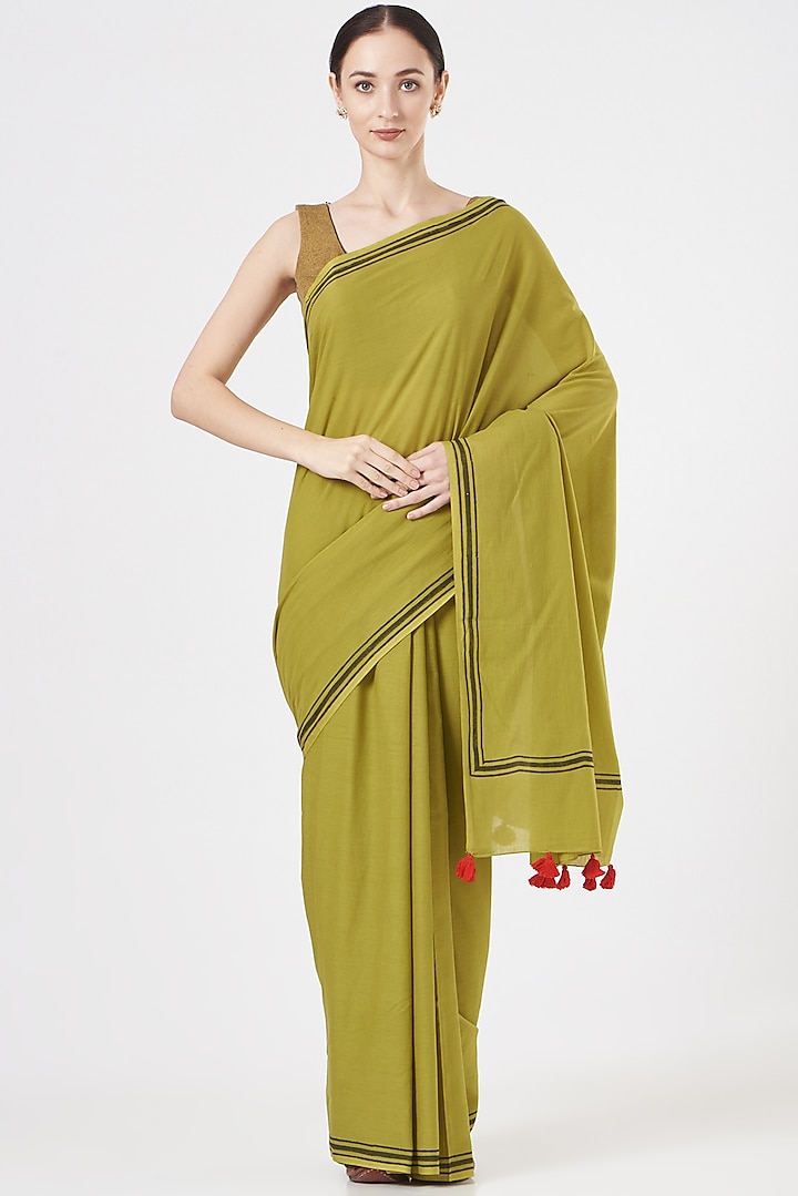 Leaf Green Printed Saree Set by Brij Bari