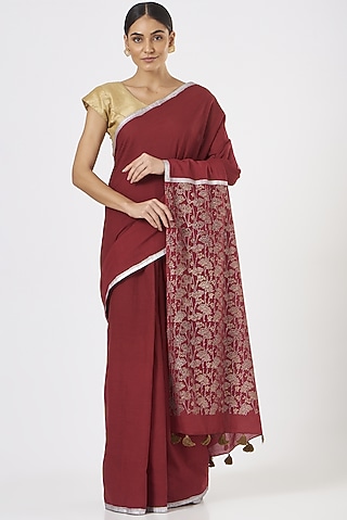 Red Printed Saree Set by Brij Bari
