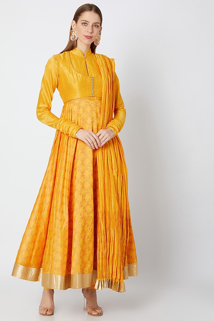 Yellow Block Printed Anarkali With Dupatta by Rohit Bal