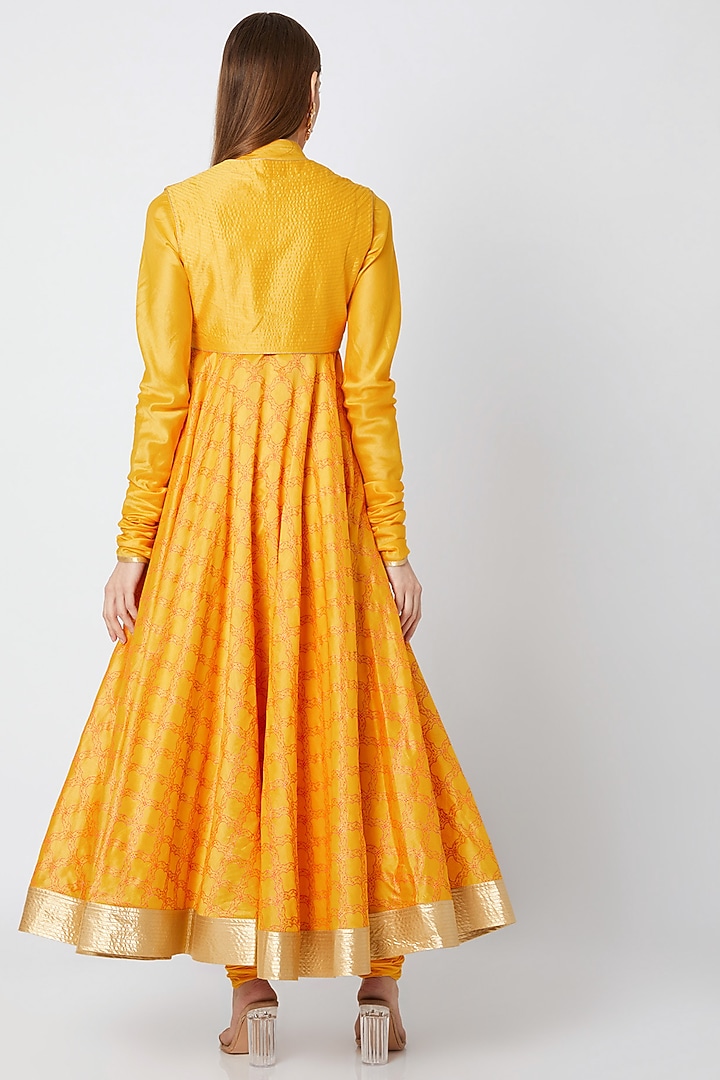 Yellow Block Printed Party Wear Anarkali With Dupatta by Rohit Bal at Pernia's Pop Up Shop