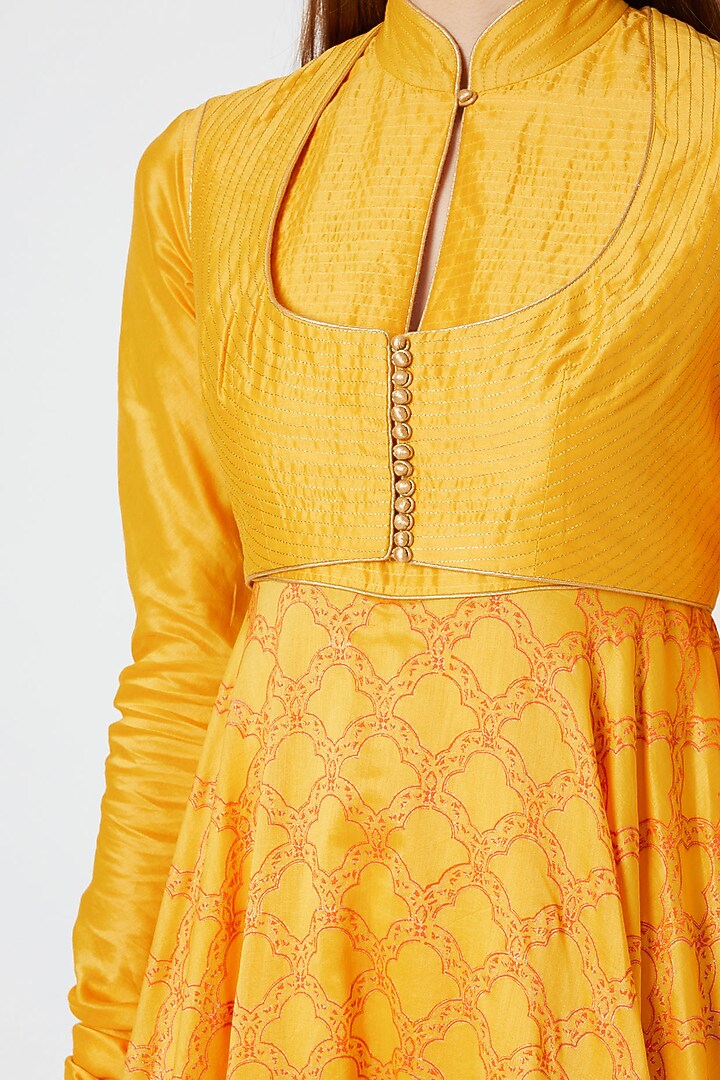 Yellow Block Printed Party Wear Anarkali With Dupatta by Rohit Bal at Pernia's Pop Up Shop