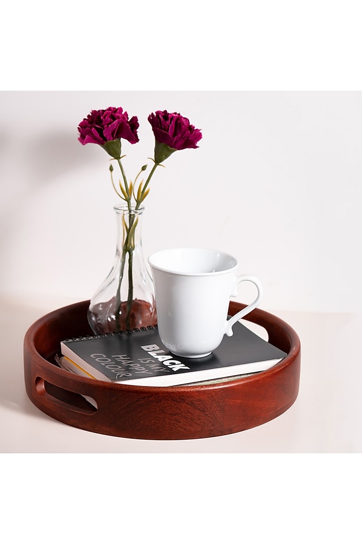 Brown Solid Wood Round Serve Tray by Brick Brown