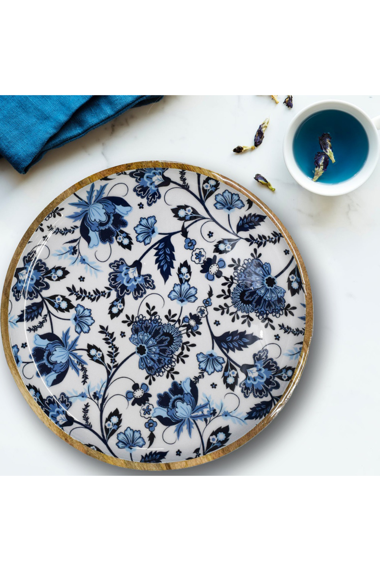 Blue Solid Wood Floral Printed Round Serving Platter by Brick Brown at Pernia's Pop Up Shop