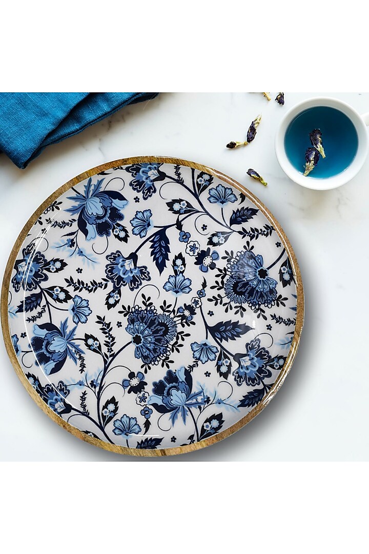 Blue Solid Wood Floral Printed Round Serving Platter by Brick Brown at Pernia's Pop Up Shop