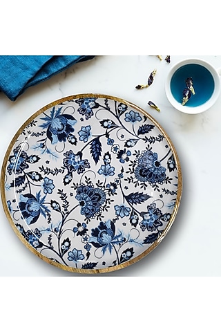 Blue Solid Wood Floral Printed Round Serving Platter by Brick Brown