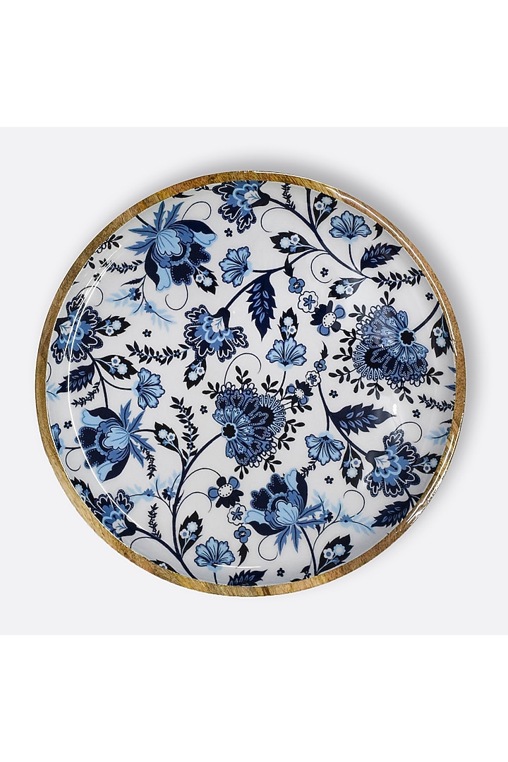 Blue Solid Wood Floral Printed Round Serving Platter by Brick Brown at Pernia's Pop Up Shop
