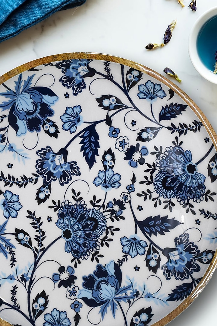Blue Solid Wood Floral Printed Round Serving Platter by Brick Brown at Pernia's Pop Up Shop