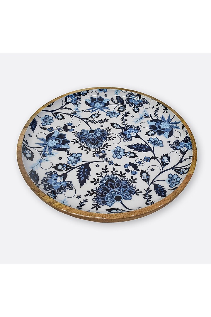Blue Solid Wood Floral Printed Round Serving Platter by Brick Brown at Pernia's Pop Up Shop