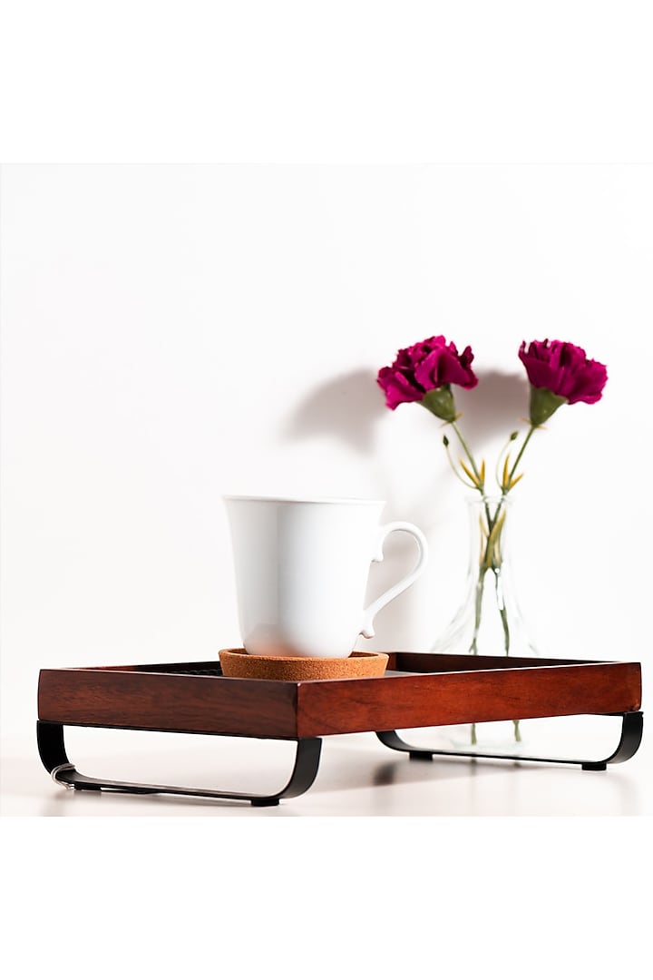Brown Solid Wood Serving Platter With Metal Stand by Brick Brown