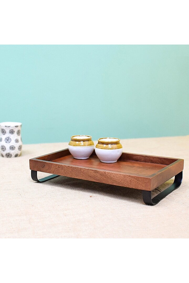 Brown Solid Wood Serving Platter With Metal Stand by Brick Brown at Pernia's Pop Up Shop