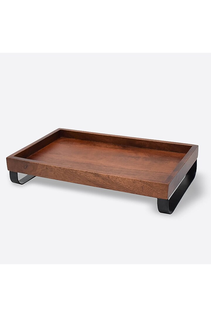 Brown Solid Wood Serving Platter With Metal Stand by Brick Brown at Pernia's Pop Up Shop