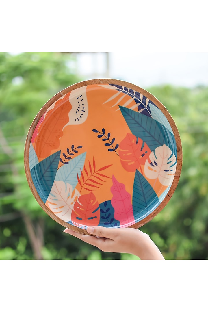 Multi-Colored Wooden Tropical Round Serving Platter by Brick Brown