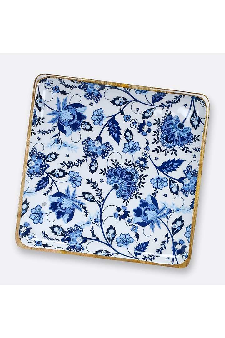 Blue Solid Wood Floral Printed Square Serving Platter by Brick Brown