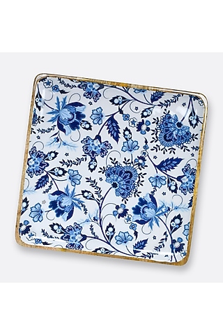 Blue Solid Wood Floral Printed Square Serving Platter by Brick Brown