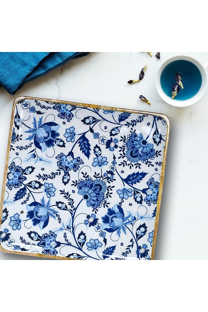 Blue Solid Wood Floral Printed Square Serving Platter by Brick Brown at Pernia's Pop Up Shop