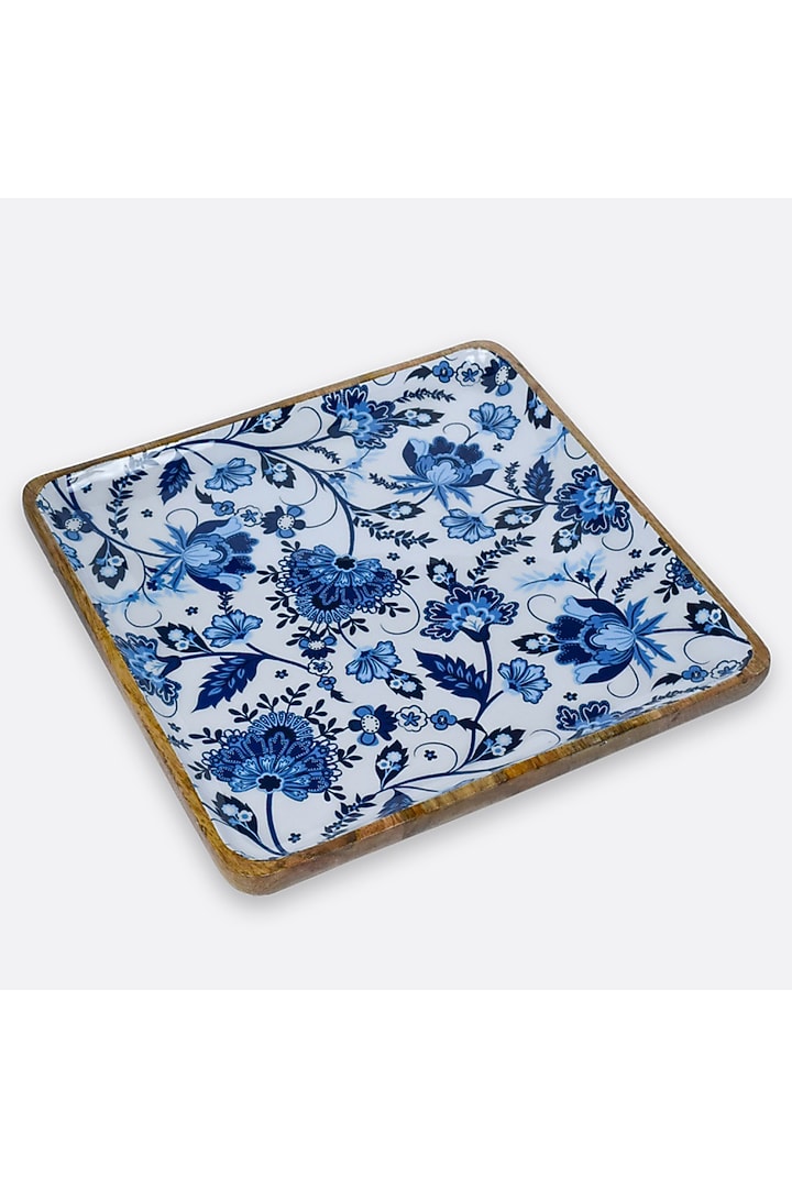 Blue Solid Wood Floral Printed Square Serving Platter by Brick Brown at Pernia's Pop Up Shop