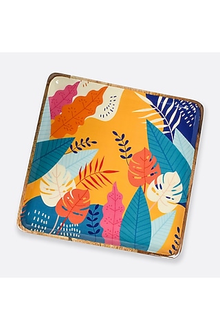 Multi-Colored Solid Wood Abstract Tropical Square Serving Platter by Brick Brown