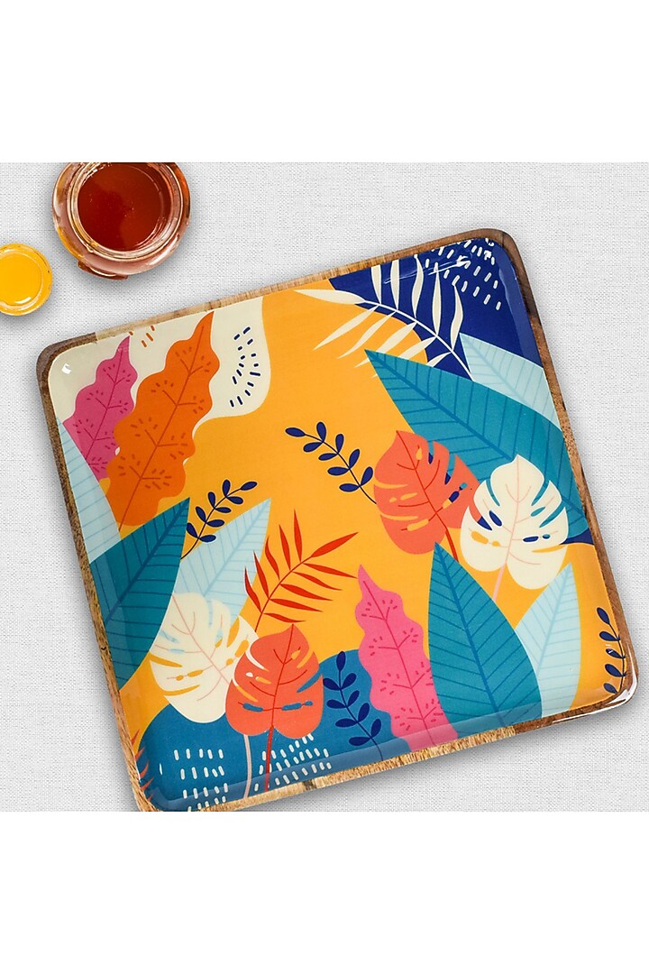 Multi-Colored Solid Wood Abstract Tropical Square Serving Platter by Brick Brown at Pernia's Pop Up Shop